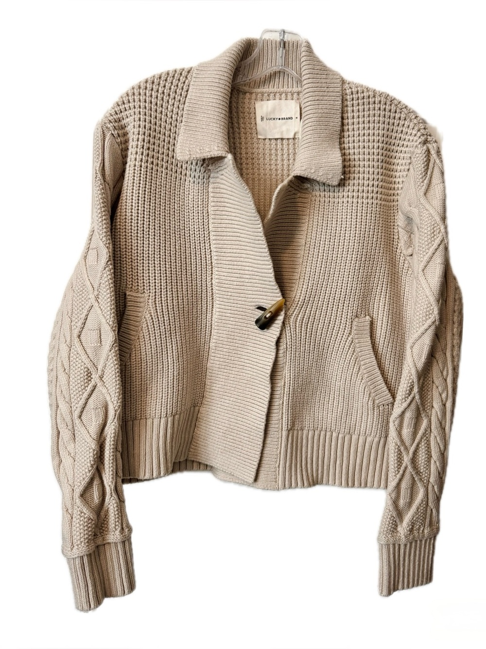 Lucky Brand Chunky Knit Toggle Cardigan Sweater Beige Cable Knit SZ M Cabincore